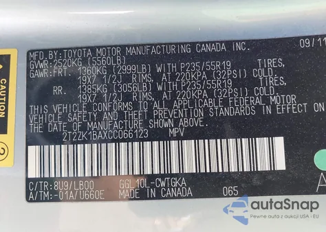 2012 Lexus Rx 350 z USA, uszkodzony, nr VIN 2T2ZK1BAXCC066123